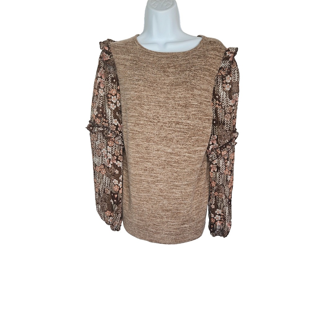 Women's‎ Brown Floral Sheer Sleeve Knit Top Size XL Ruffle Boho Cottagecore Fall